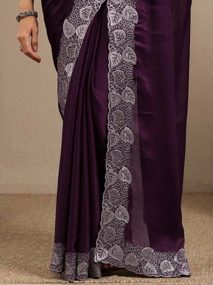 Burgundy Solid Silk Blend Saree With Unstitched Blouse Piece