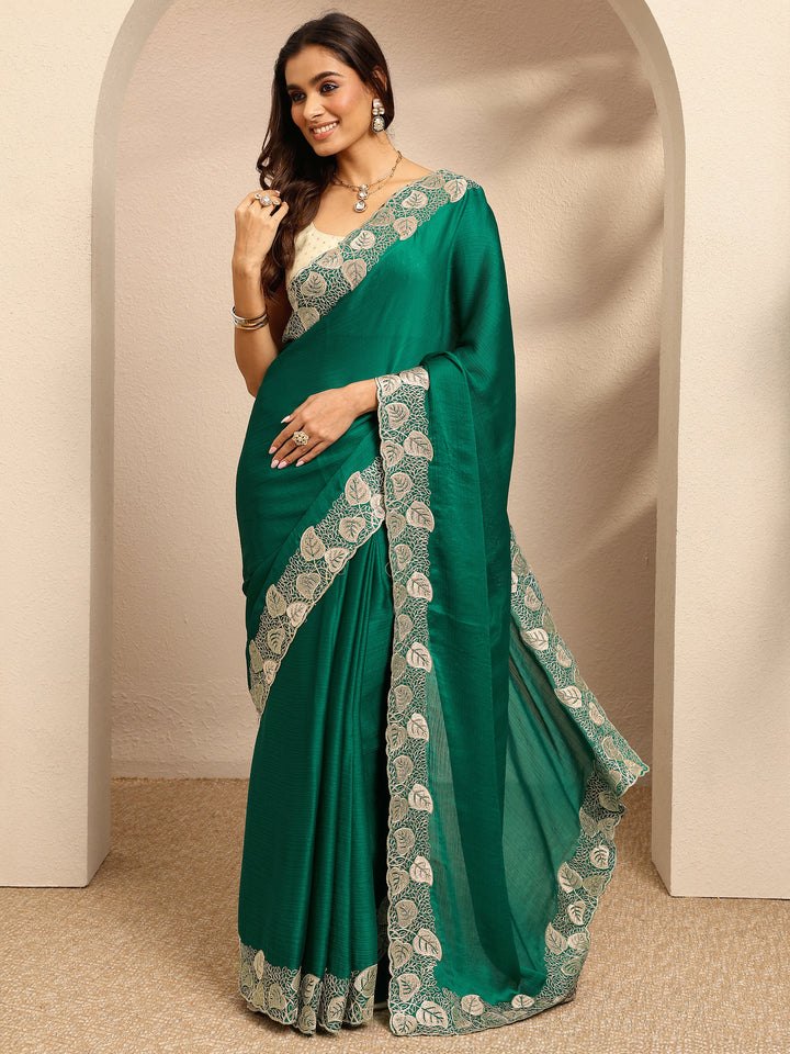 Green Solid Silk Blend Saree With Unstitched Blouse Piece