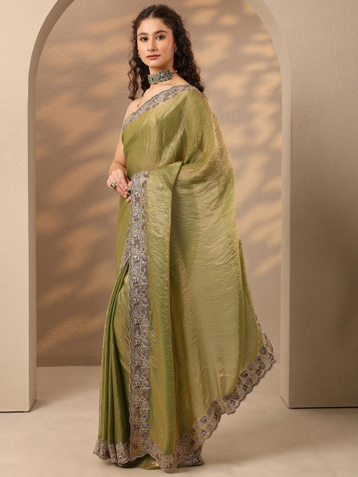Green Solid Silk Blend Saree With Unstitched Blouse Piece