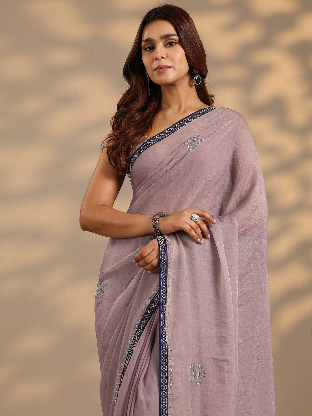 Lavender Embellished Organza Saree With Unstitched Blouse Piece