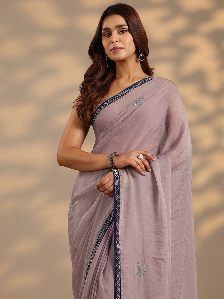 Lavender Embellished Organza Saree With Unstitched Blouse Piece