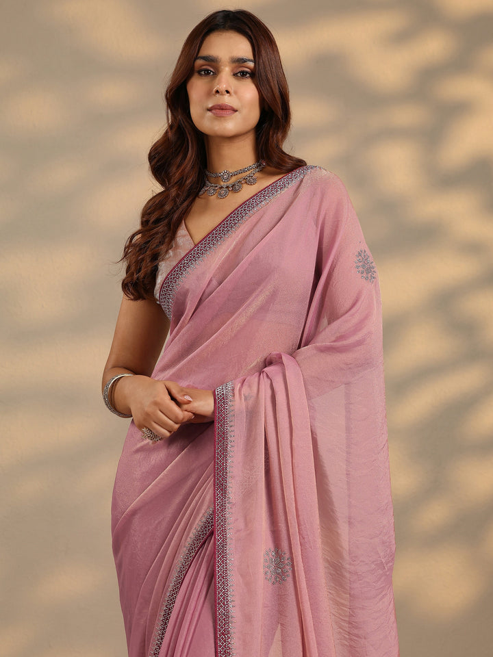 Pink Embellished Organza Saree With Unstitched Blouse Piece