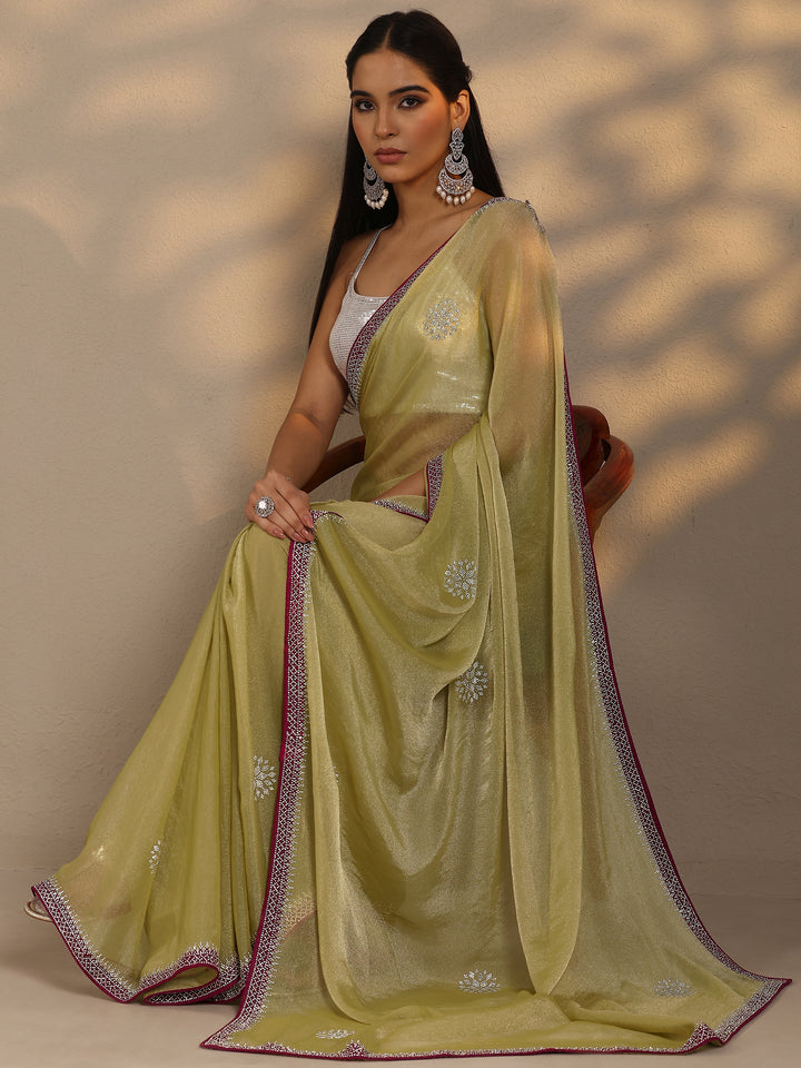 Green Embellished Organza Saree With Unstitched Blouse Piece