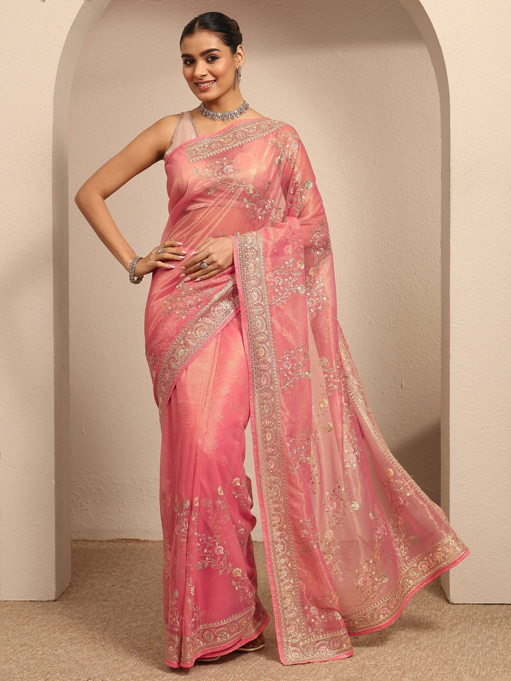 Peach Embroidered Nylon Saree With Unstitched Blouse Piece