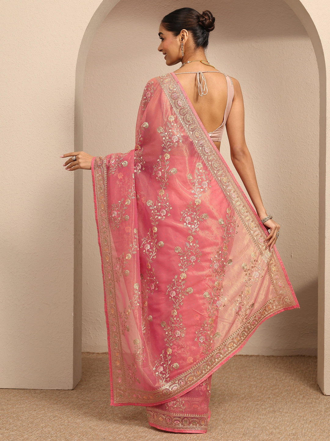 Peach Embroidered Nylon Saree With Unstitched Blouse Piece