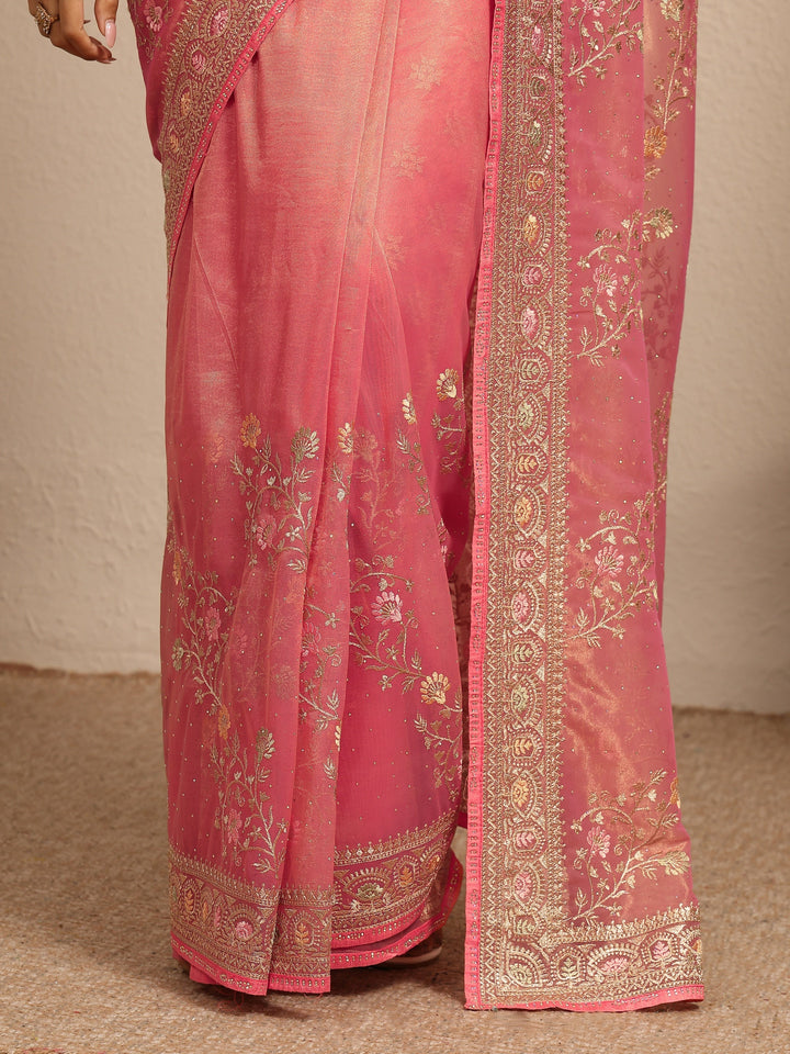 Peach Embroidered Nylon Saree With Unstitched Blouse Piece