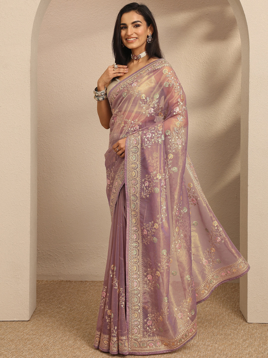 Lavender Embroidered Nylon Saree With Unstitched Blouse Piece