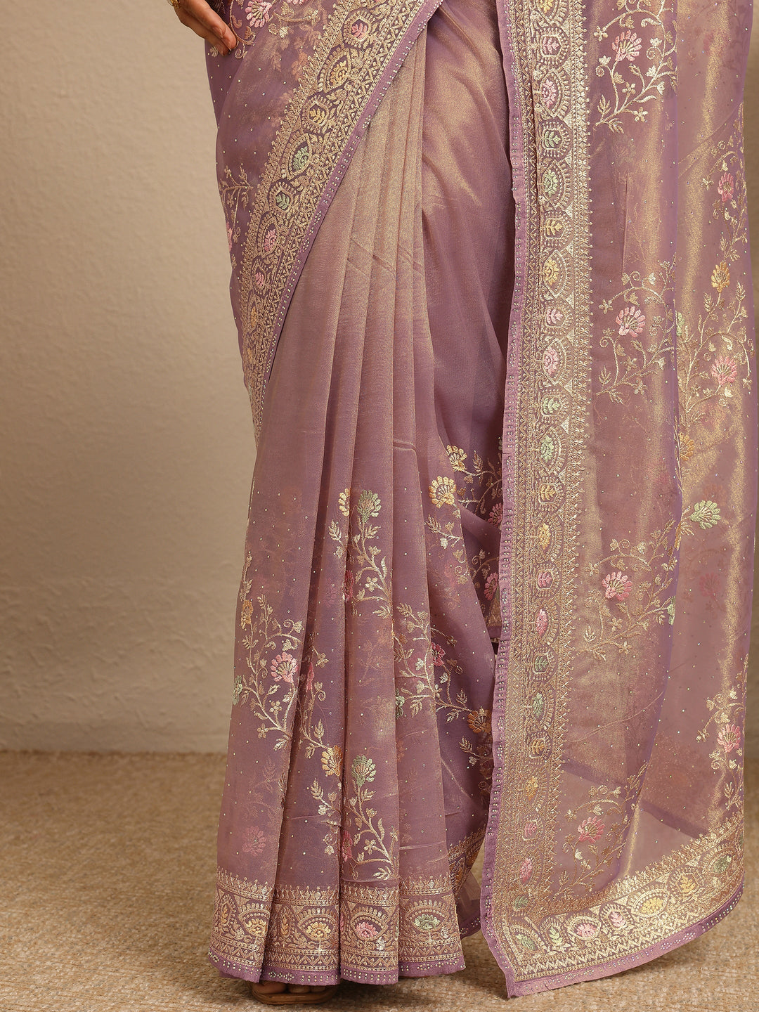 Lavender Embroidered Nylon Saree With Unstitched Blouse Piece