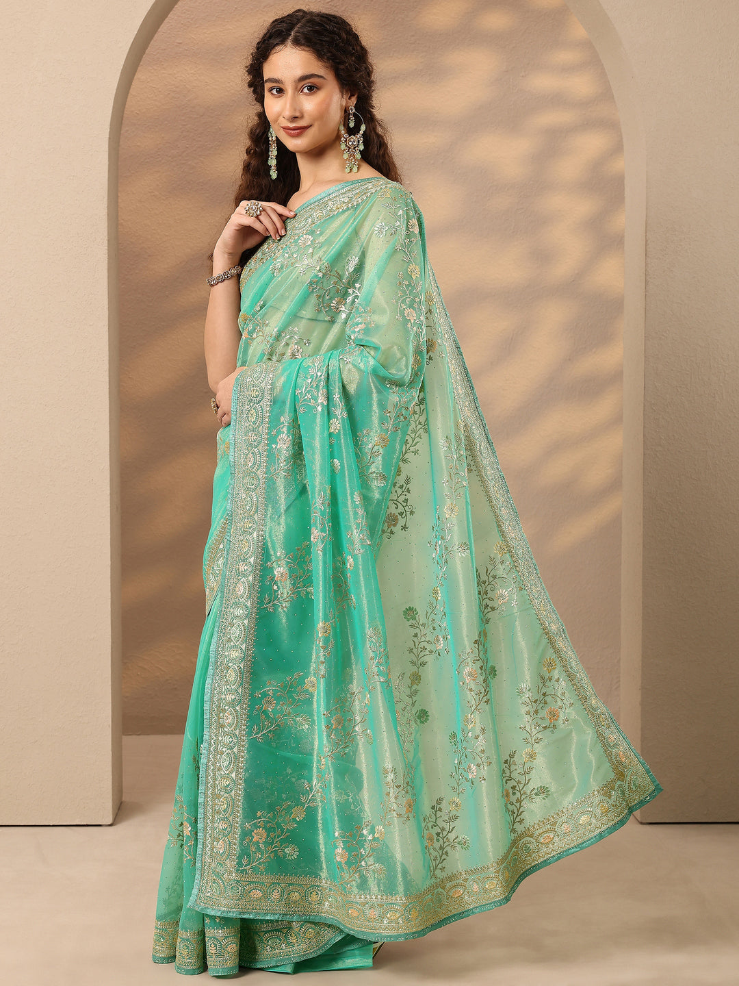 Green Embroidered Nylon Saree With Unstitched Blouse Piece