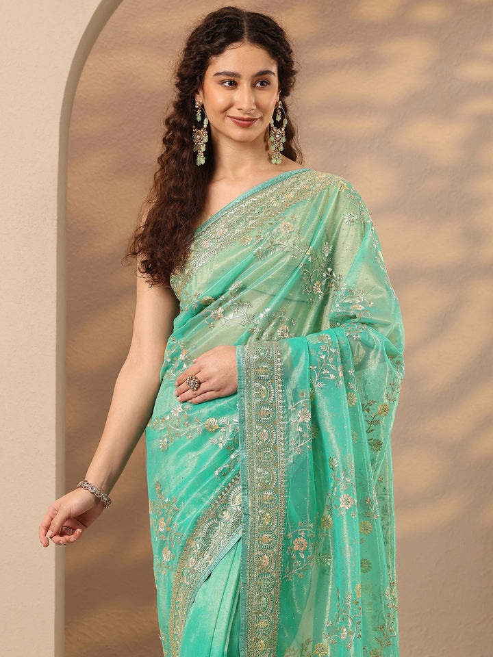 Green Embroidered Nylon Saree With Unstitched Blouse Piece