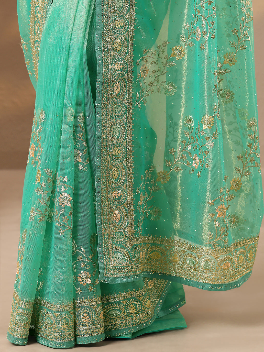 Green Embroidered Nylon Saree With Unstitched Blouse Piece