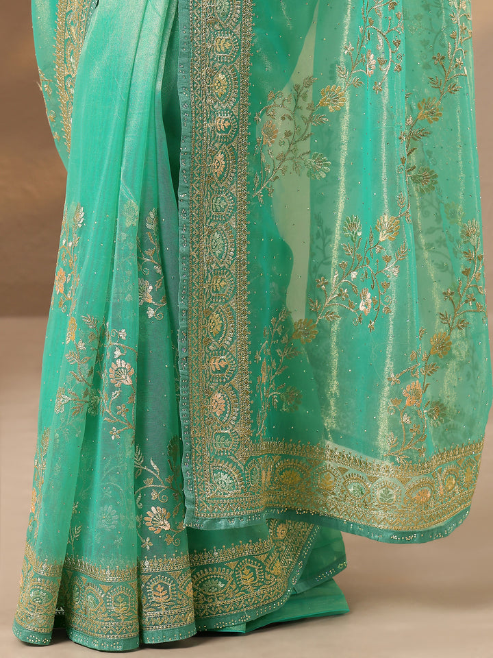 Green Embroidered Nylon Saree With Unstitched Blouse Piece