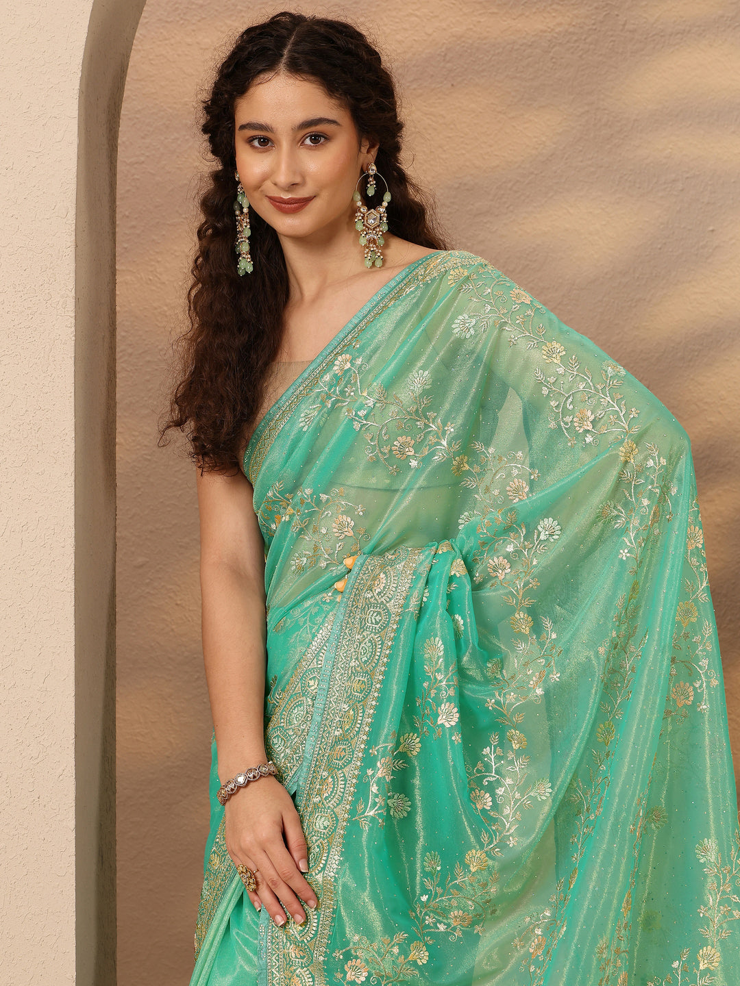 Green Embroidered Nylon Saree With Unstitched Blouse Piece