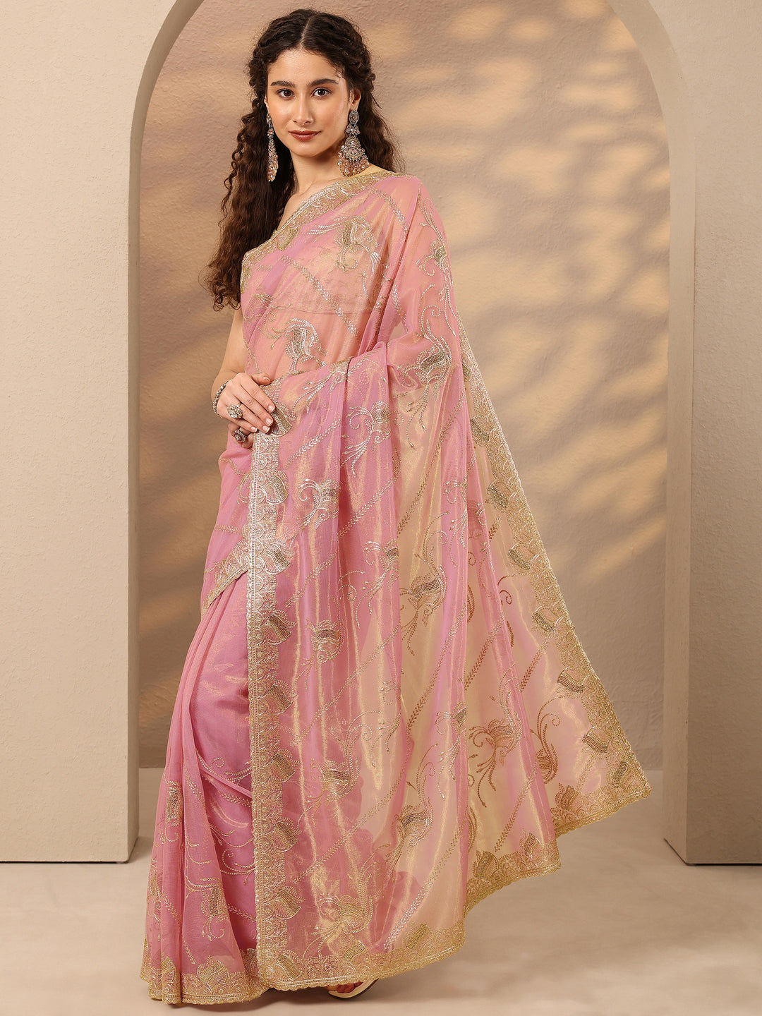 Pink Embroidered Nylon Saree With Unstitched Blouse Piece