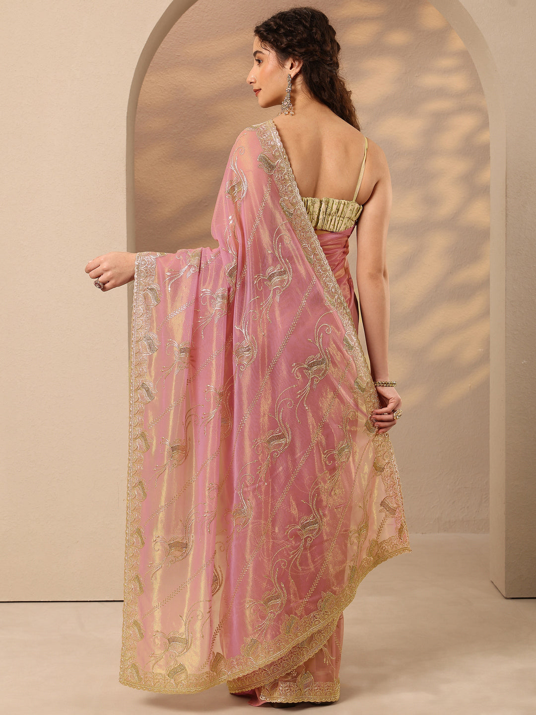 Pink Embroidered Nylon Saree With Unstitched Blouse Piece