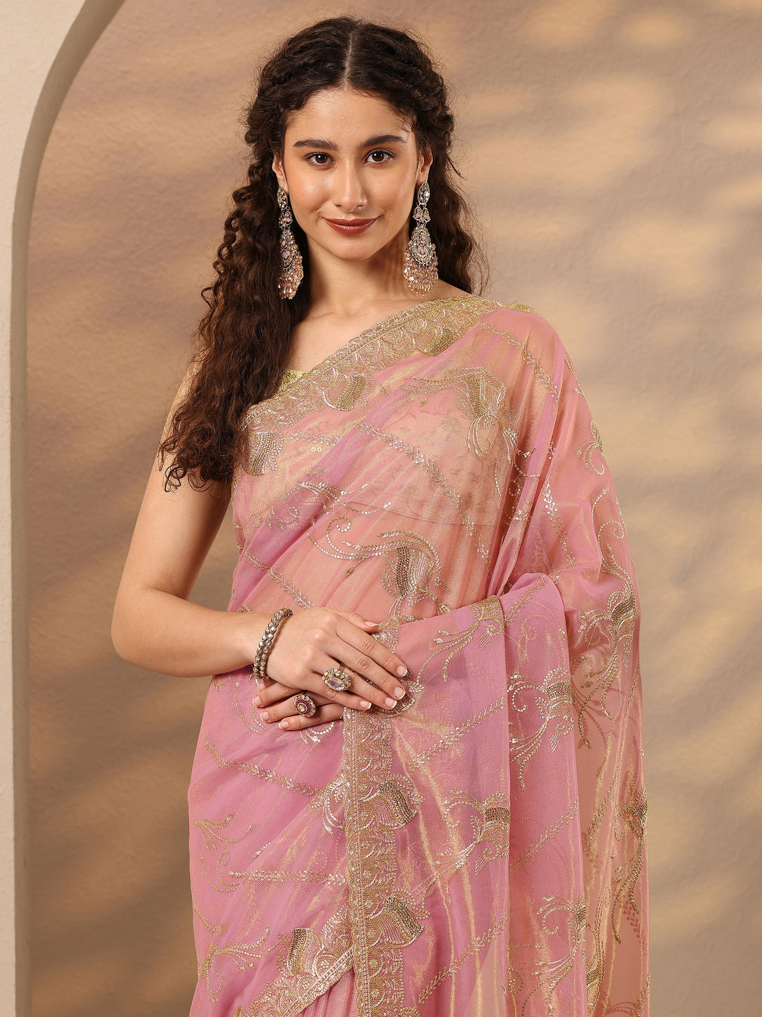 Pink Embroidered Nylon Saree With Unstitched Blouse Piece