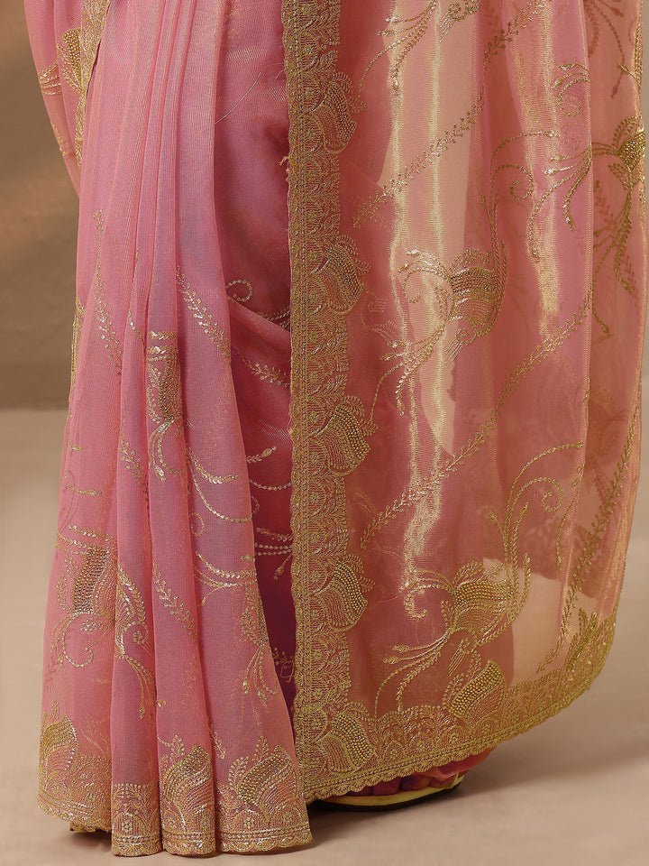 Pink Embroidered Nylon Saree With Unstitched Blouse Piece