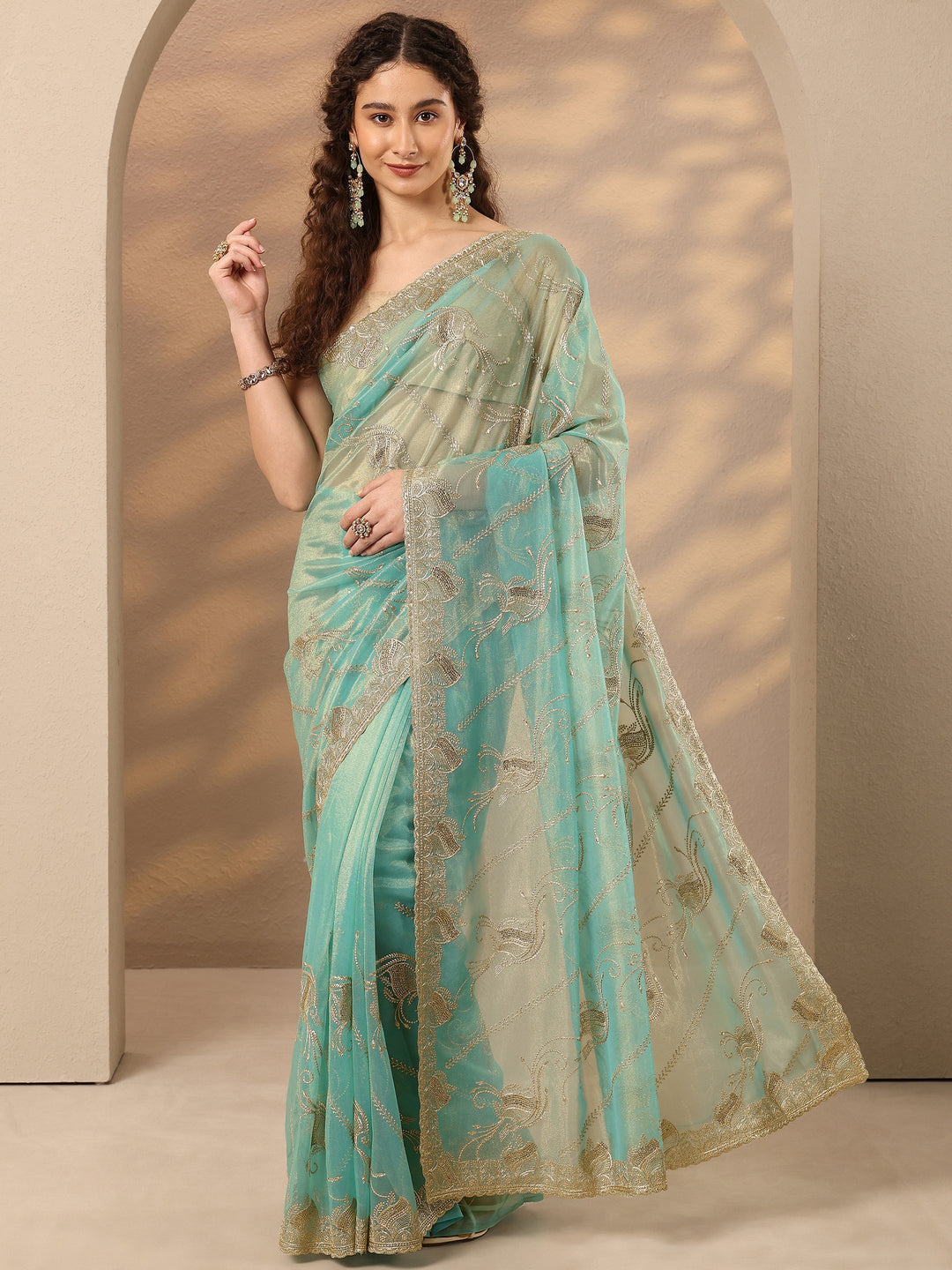 Blue Embroidered Nylon Saree With Unstitched Blouse Piece