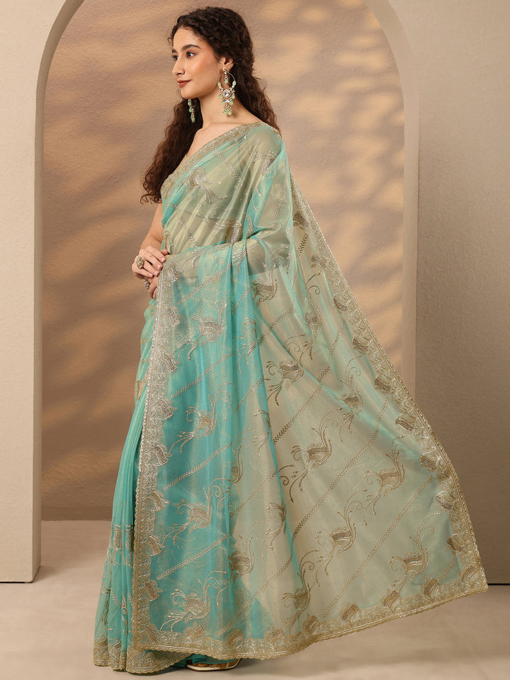 Blue Embroidered Nylon Saree With Unstitched Blouse Piece