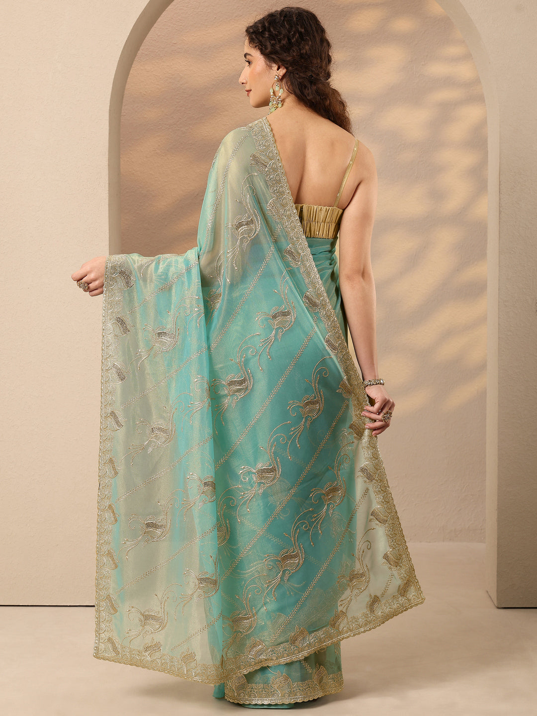 Blue Embroidered Nylon Saree With Unstitched Blouse Piece