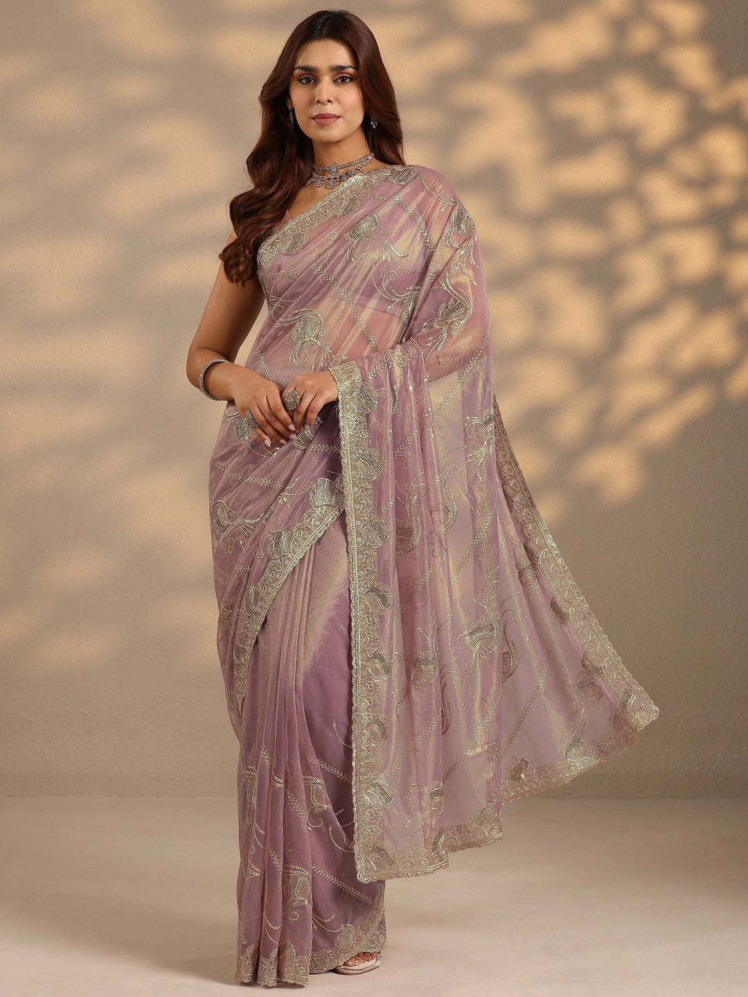 Lavender Embroidered Nylon Saree With Unstitched Blouse Piece