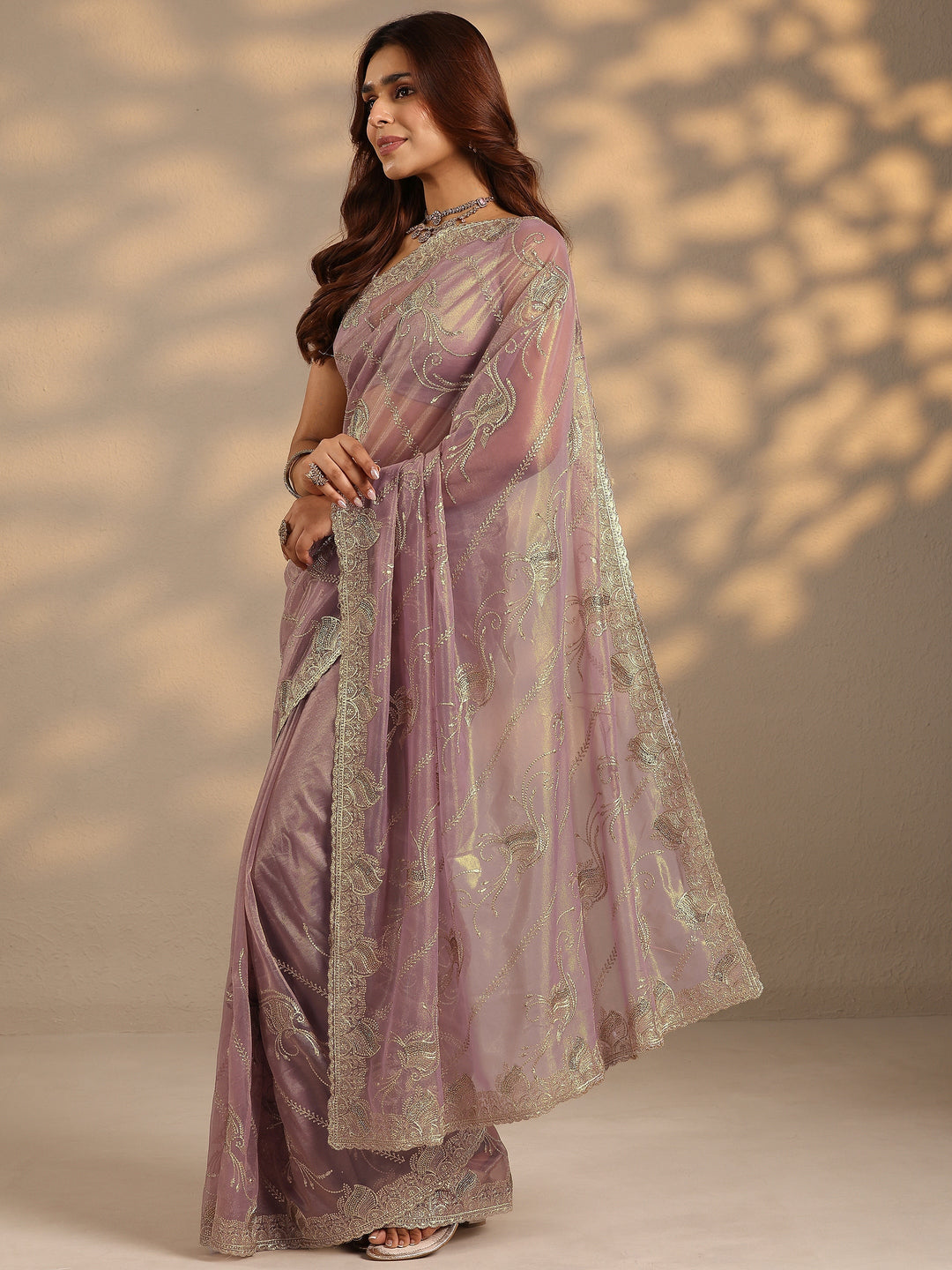 Lavender Embroidered Nylon Saree With Unstitched Blouse Piece