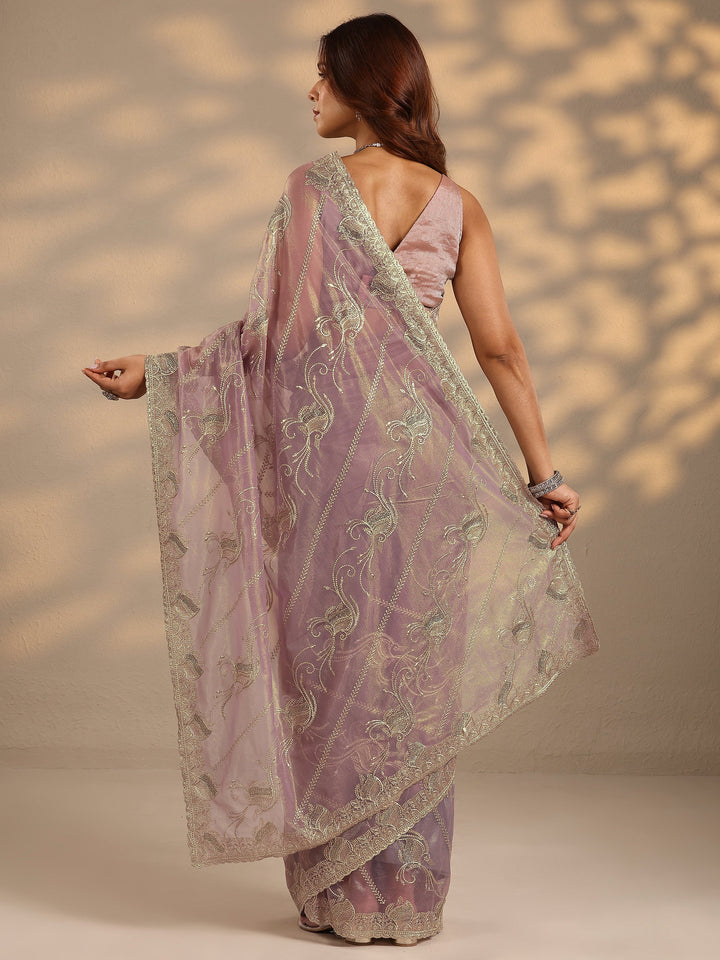 Lavender Embroidered Nylon Saree With Unstitched Blouse Piece