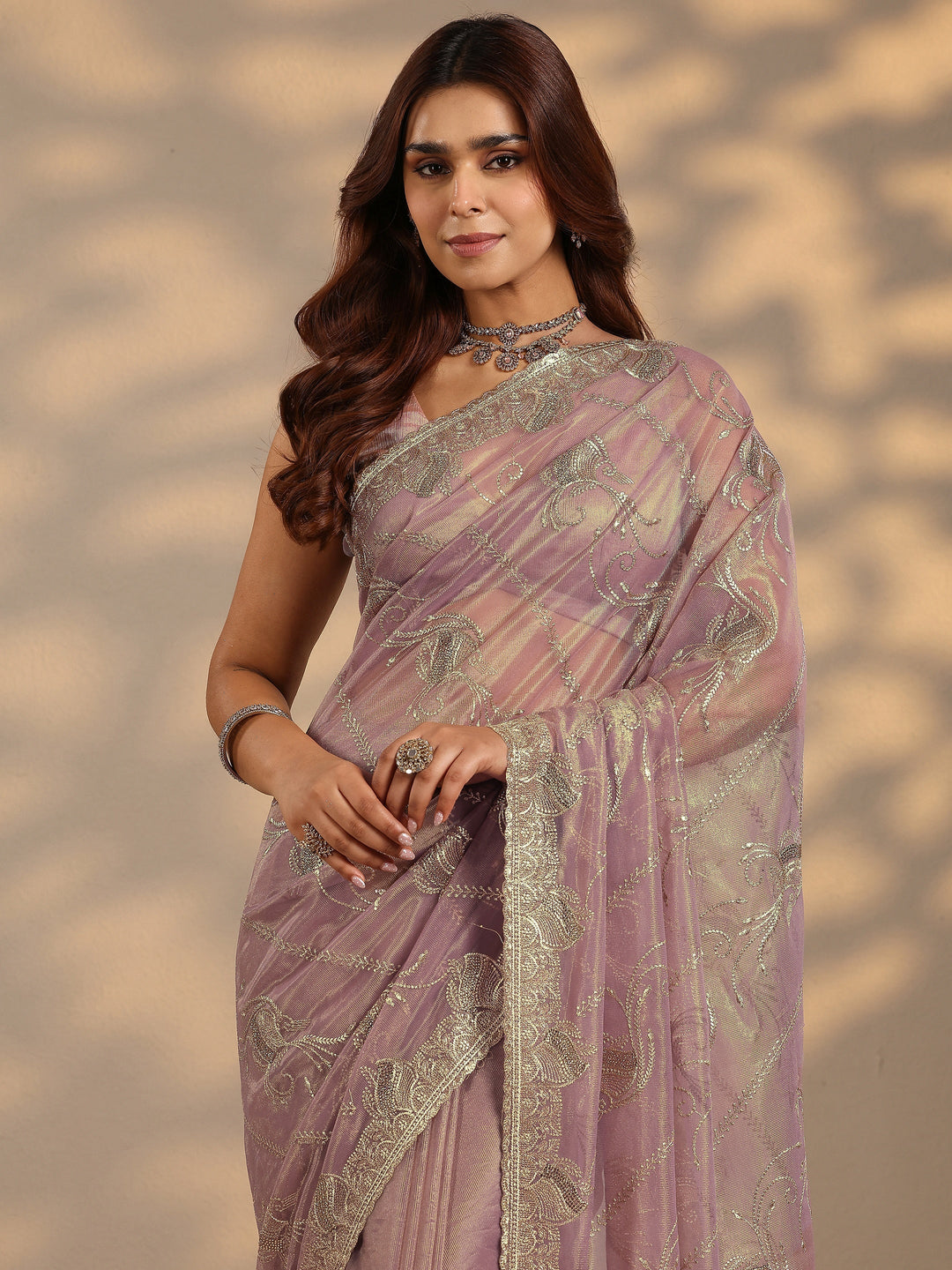 Lavender Embroidered Nylon Saree With Unstitched Blouse Piece