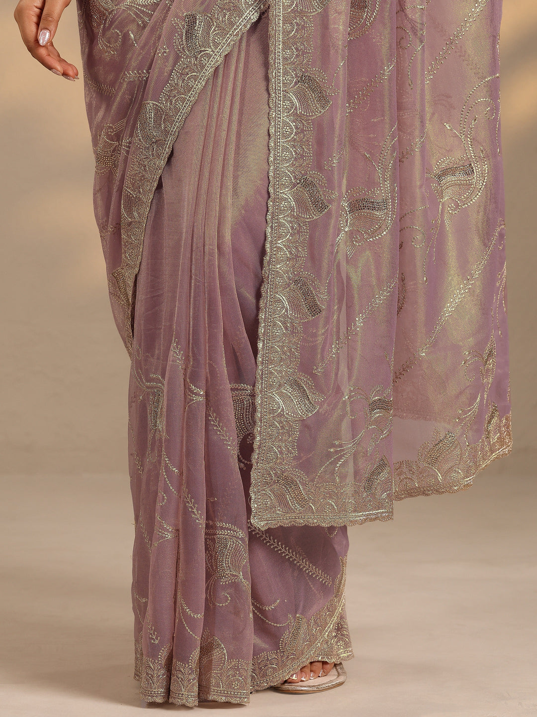 Lavender Embroidered Nylon Saree With Unstitched Blouse Piece