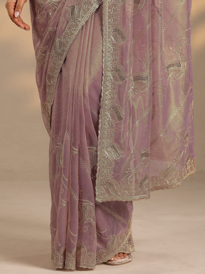 Lavender Embroidered Nylon Saree With Unstitched Blouse Piece