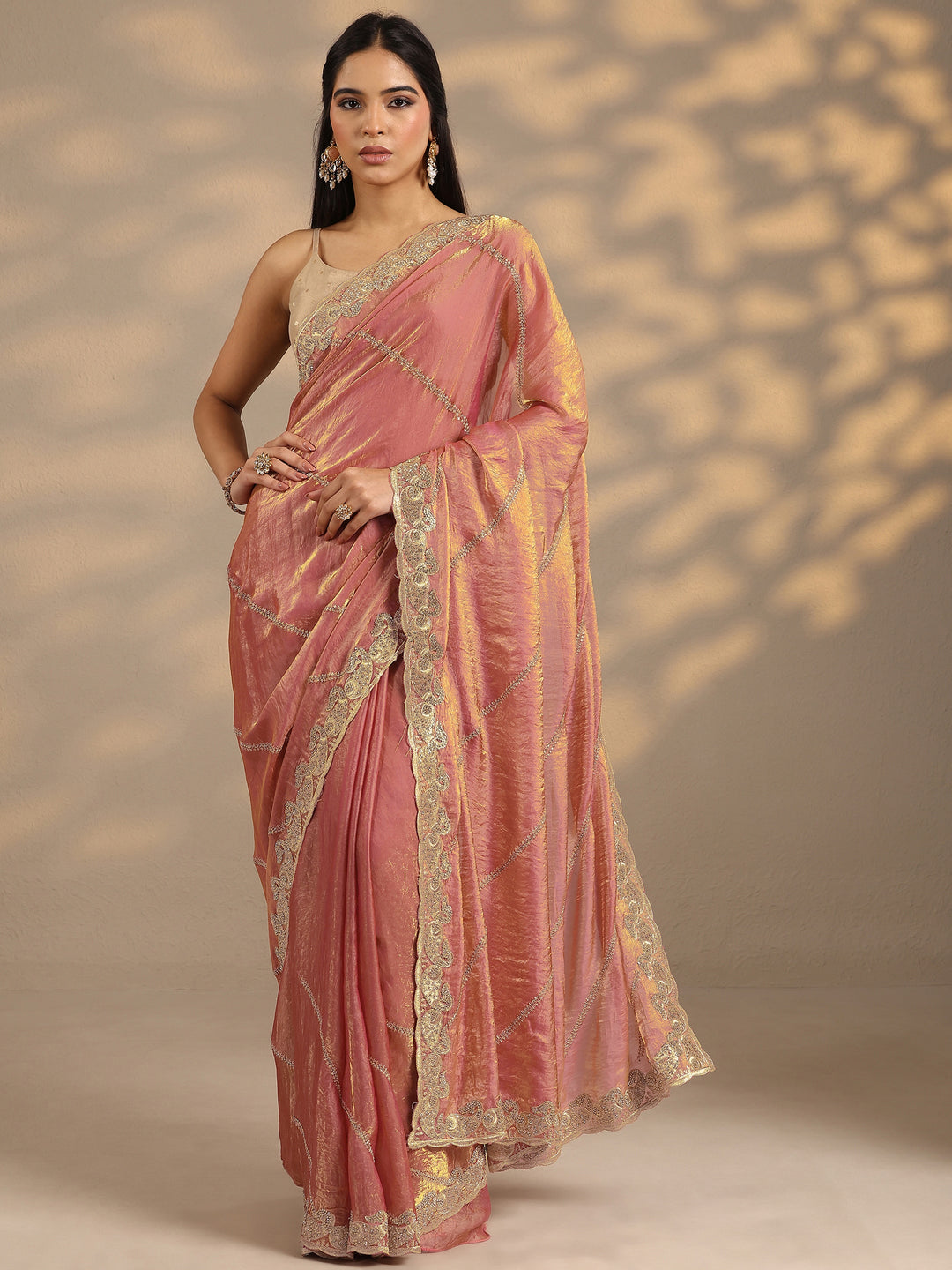 Peach Leheriya Embellished Silk Blend Saree With Unstitched Blouse Piece