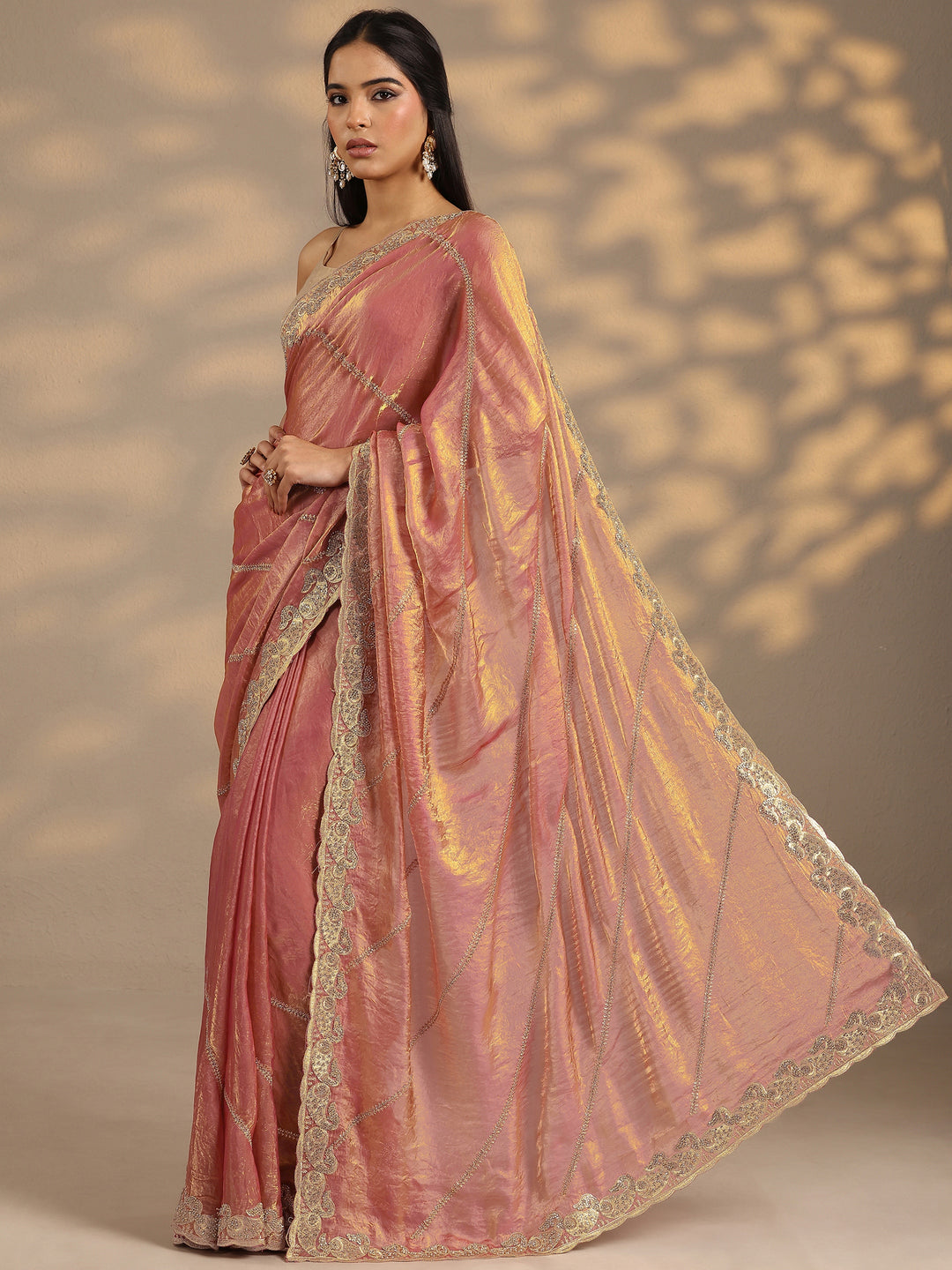 Peach Leheriya Embellished Silk Blend Saree With Unstitched Blouse Piece