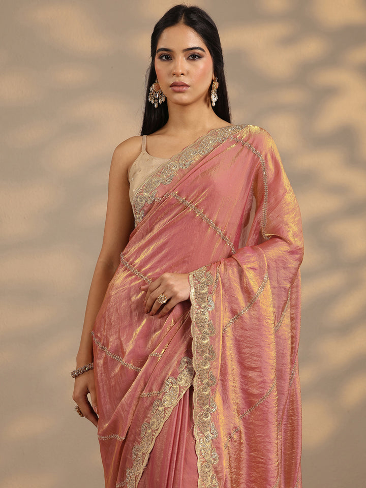 Peach Leheriya Embellished Silk Blend Saree With Unstitched Blouse Piece