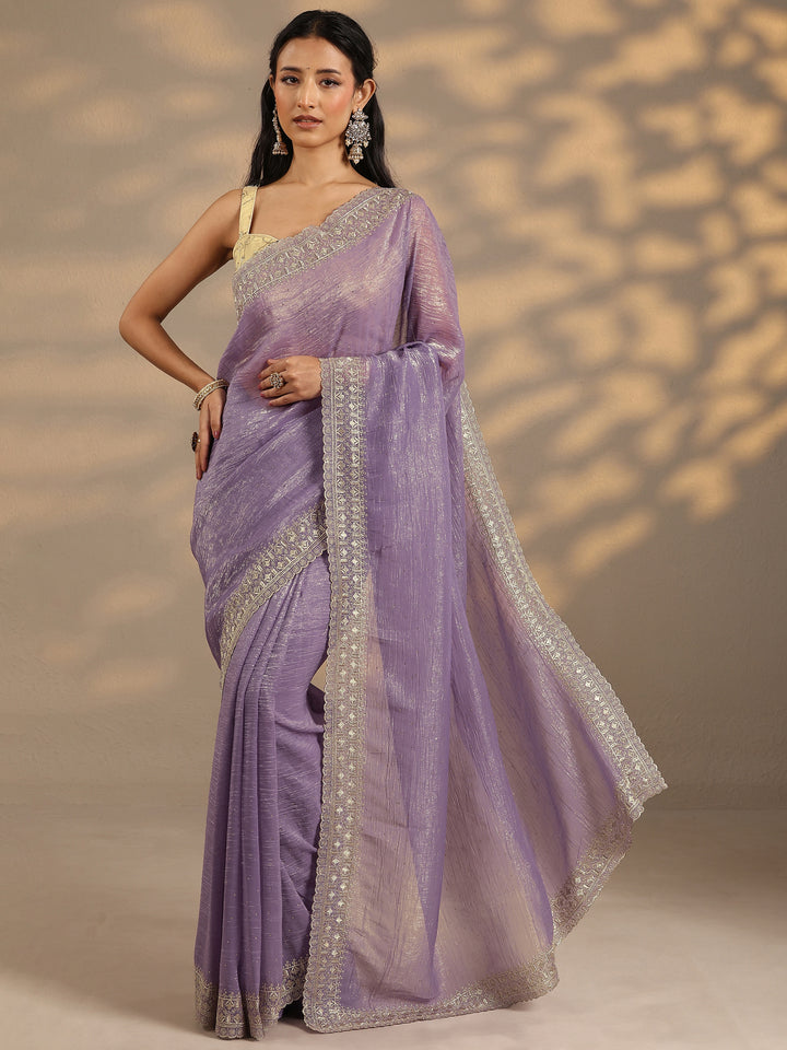 Lavender Embellished Silk Blend Saree With Unstitched Blouse Piece