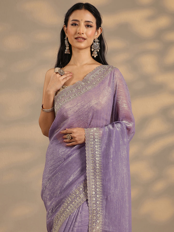 Lavender Embellished Silk Blend Saree With Unstitched Blouse Piece