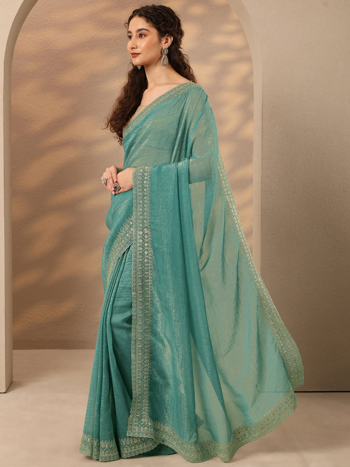 Blue Embellished Silk Blend Saree With Unstitched Blouse Piece