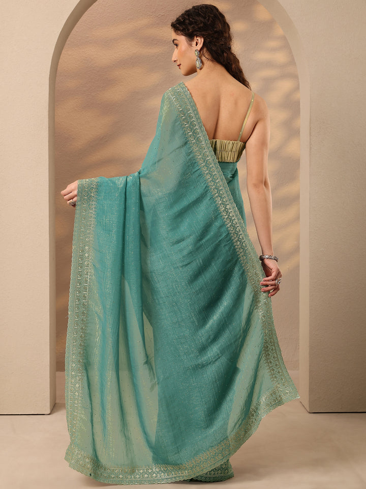 Blue Embellished Silk Blend Saree With Unstitched Blouse Piece
