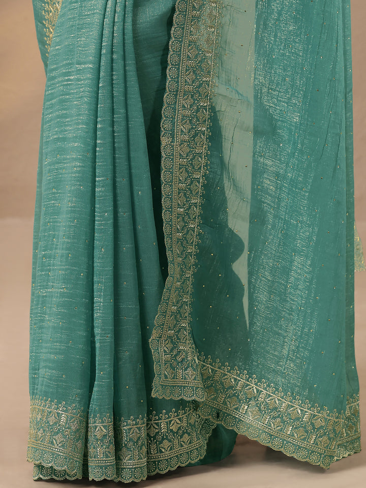 Blue Embellished Silk Blend Saree With Unstitched Blouse Piece