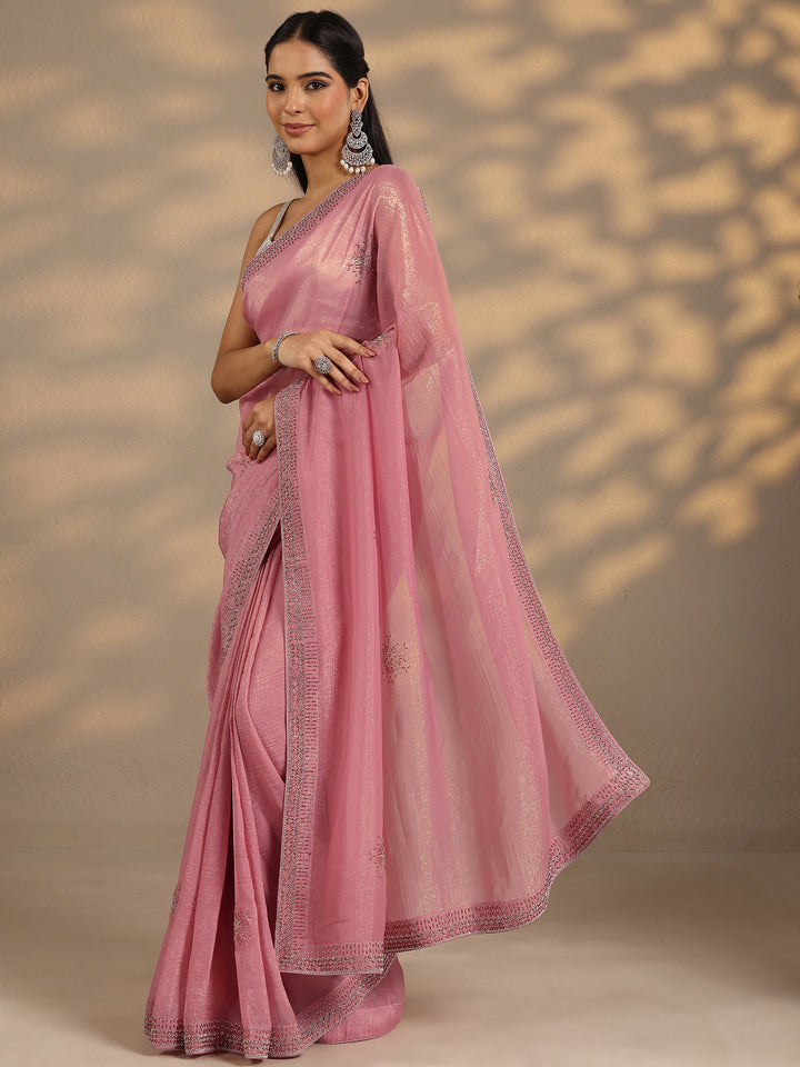 Peach Embellished Silk Blend Saree With Unstitched Blouse Piece