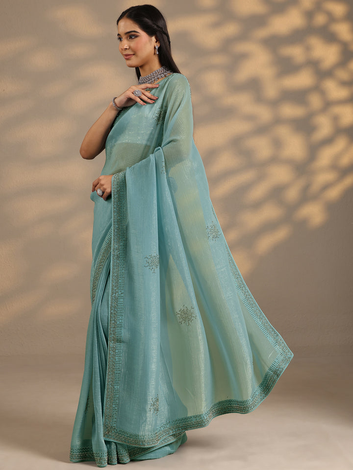 Blue Embellished Silk Blend Saree With Unstitched Blouse Piece