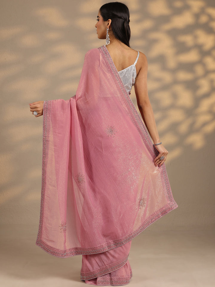 Peach Embellished Silk Blend Saree With Unstitched Blouse Piece