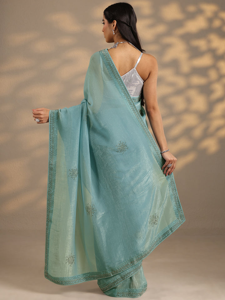 Blue Embellished Silk Blend Saree With Unstitched Blouse Piece
