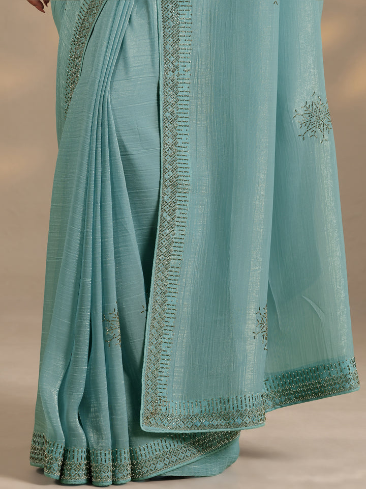 Blue Embellished Silk Blend Saree With Unstitched Blouse Piece