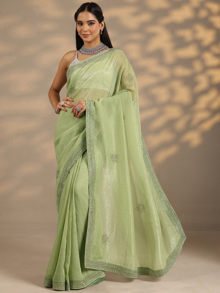 Green Embellished Silk Blend Saree With Unstitched Blouse Piece