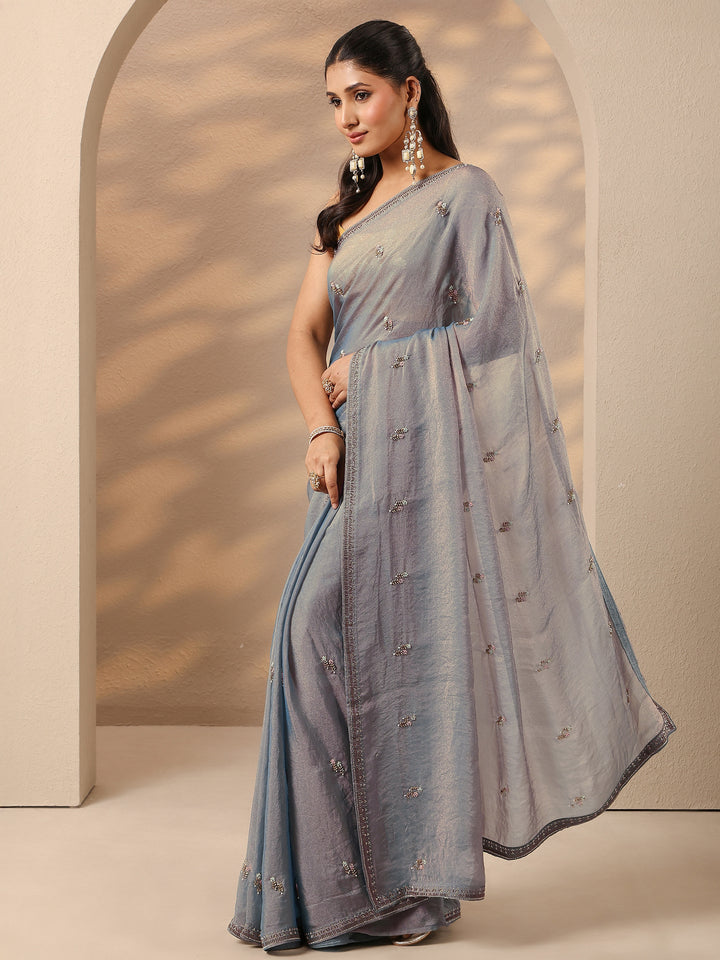Blue Embellished Silk Blend Saree With Unstitched Blouse Piece