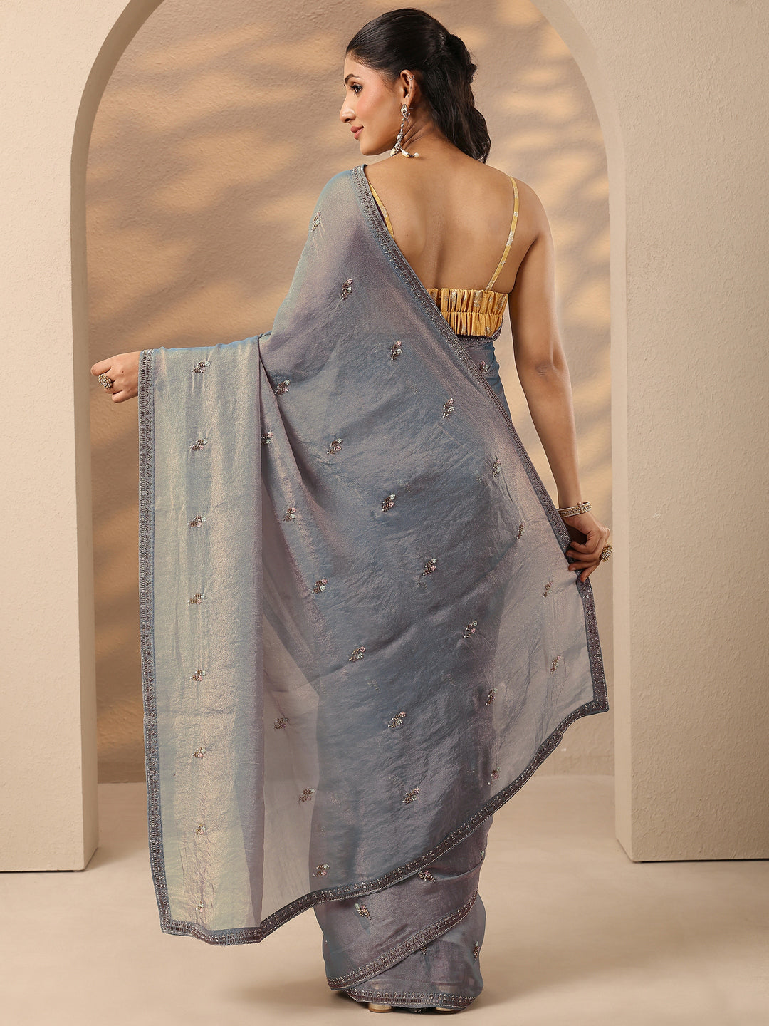 Blue Embellished Silk Blend Saree With Unstitched Blouse Piece