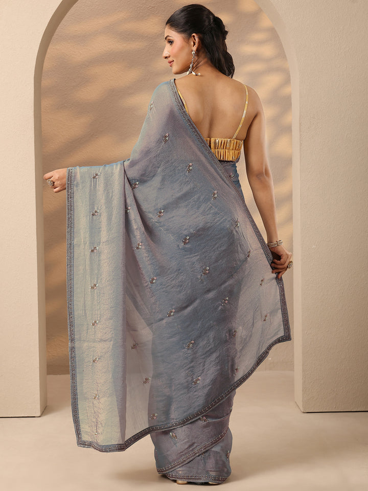 Blue Embellished Silk Blend Saree With Unstitched Blouse Piece