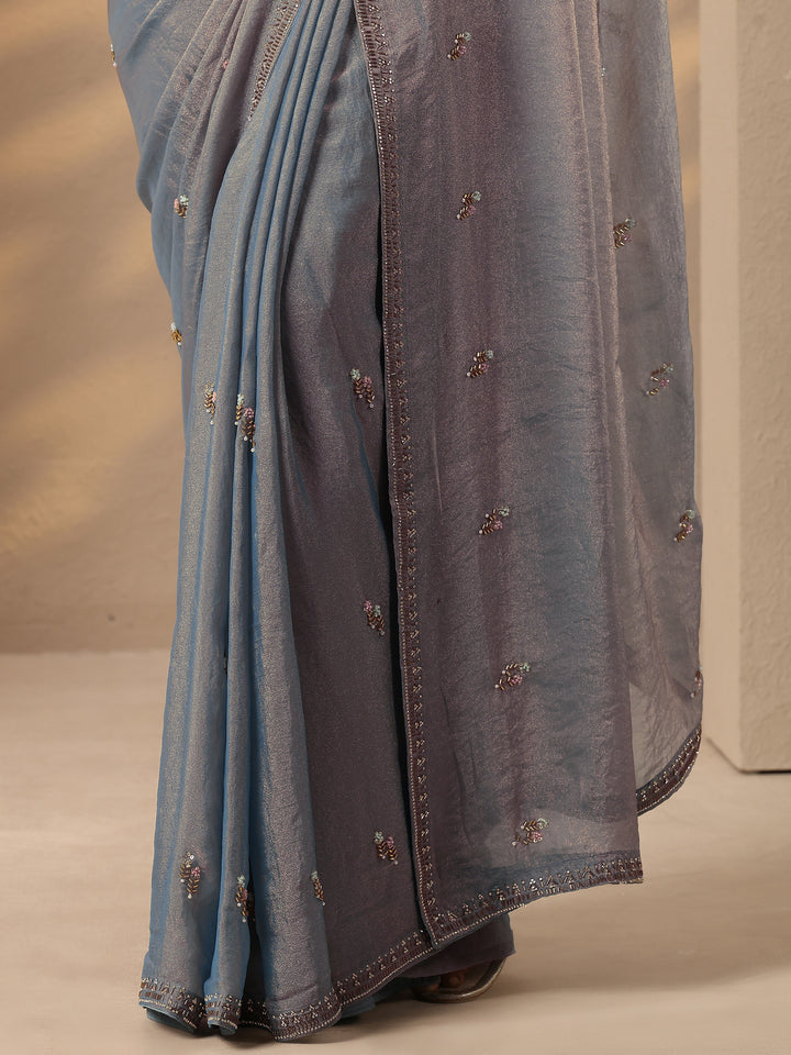 Blue Embellished Silk Blend Saree With Unstitched Blouse Piece