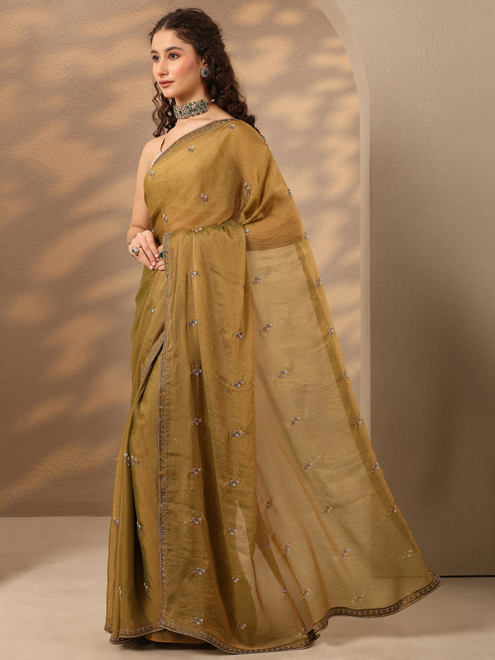 Green Embellished Silk Blend Saree With Unstitched Blouse Piece