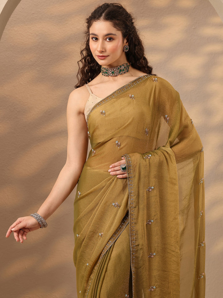 Green Embellished Silk Blend Saree With Unstitched Blouse Piece